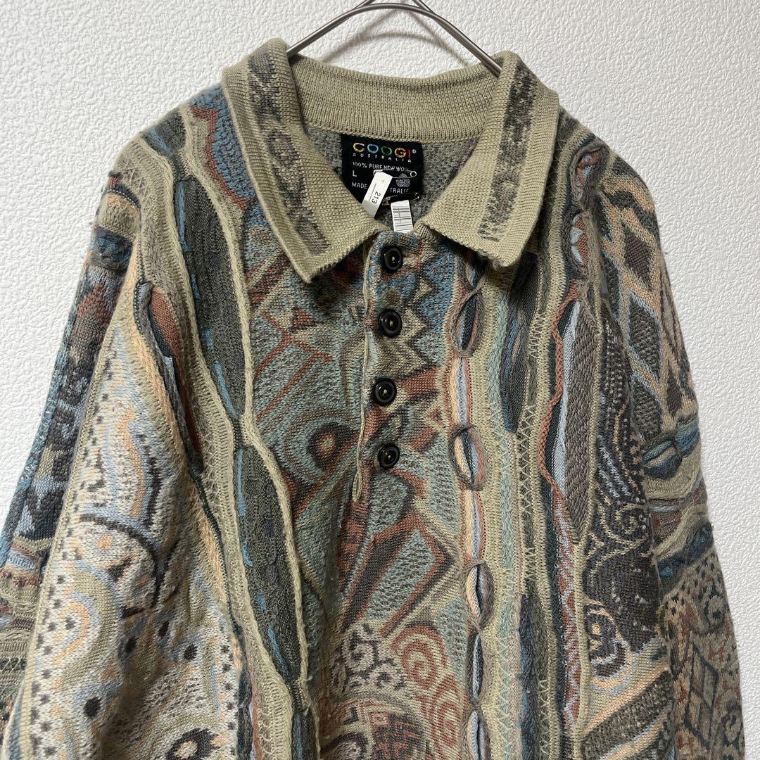 COOGI クージー 3Dニット ポロ襟 ウール100% 立体編み L 古着