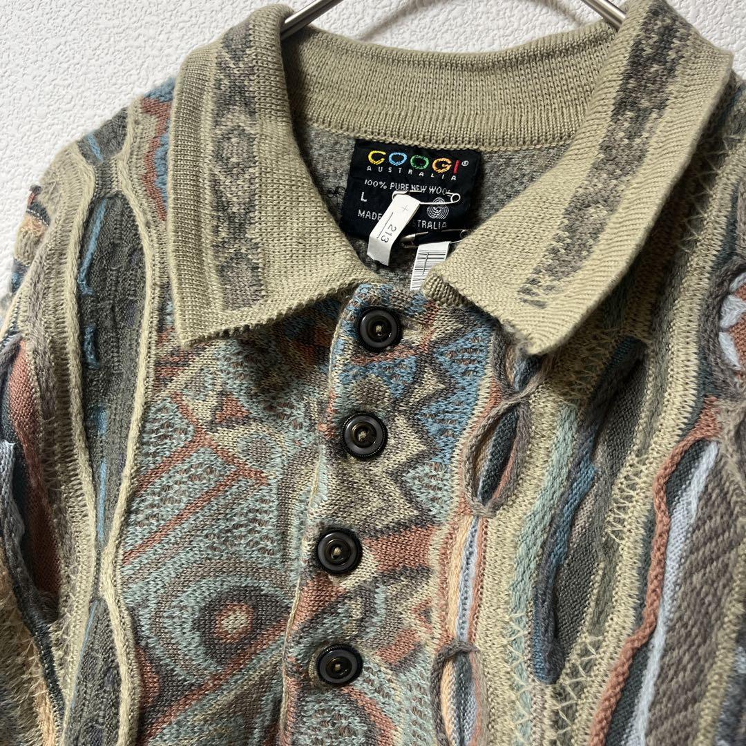 COOGI クージー 3Dニット ポロ襟 ウール100% 立体編み L 古着