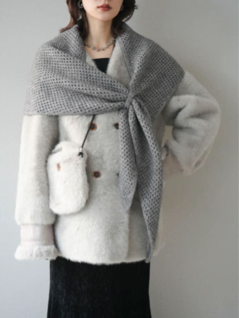 バッグ付エコファーノーカラーコート　リュミエ　lumier同型　グレー