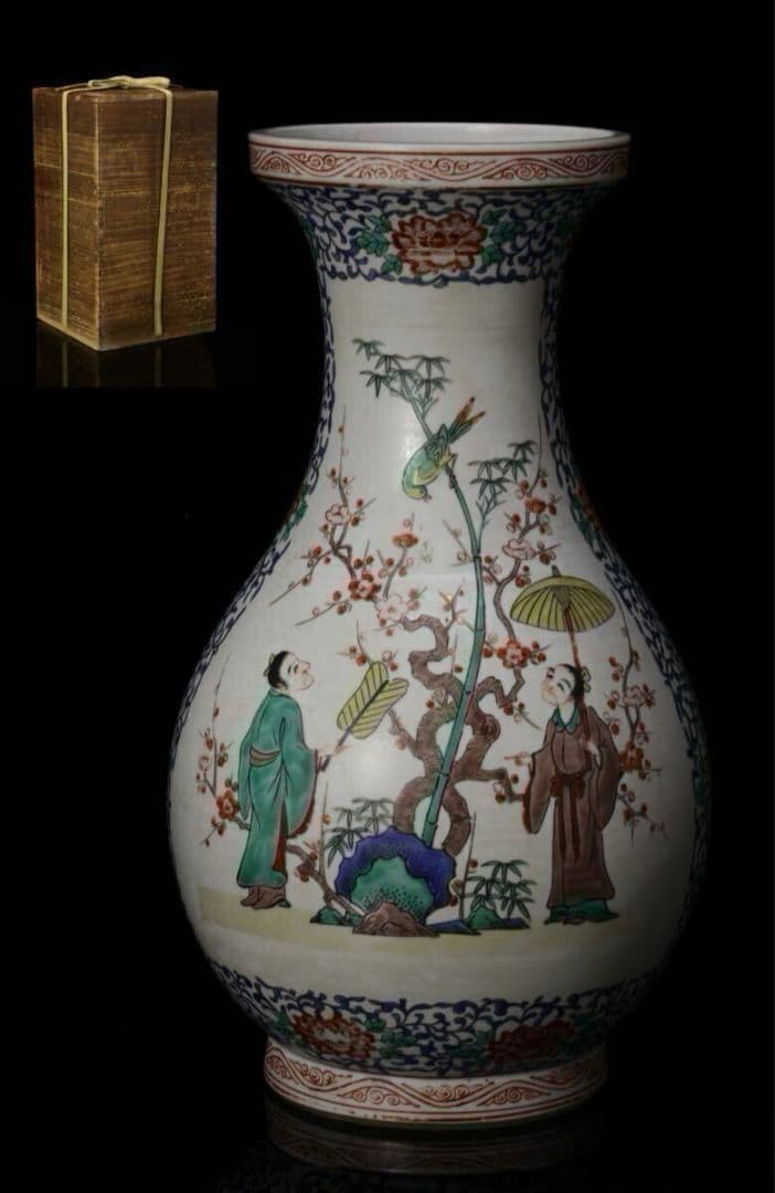 色絵傘人物文花瓶 高さ37cm 花鳥図 花瓶 花入 花器 壺 置物 粉彩人物紋