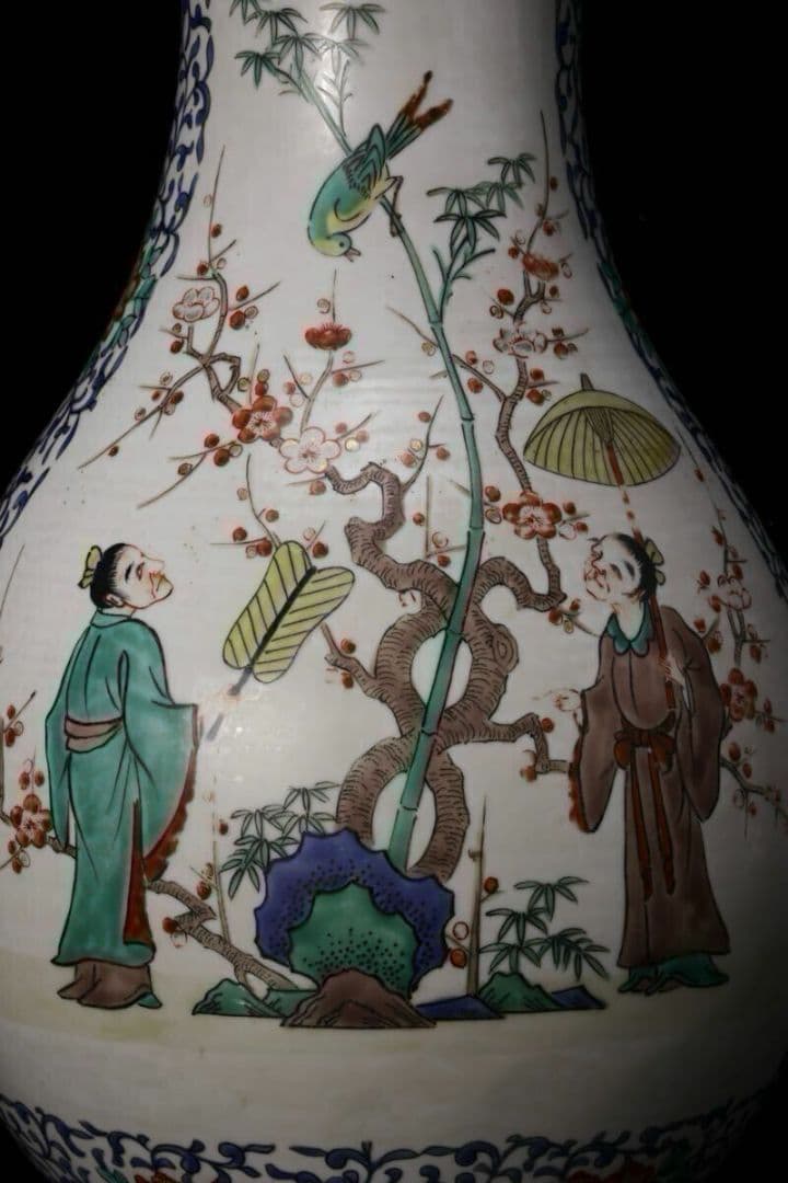 色絵傘人物文花瓶 高さ37cm 花鳥図 花瓶 花入 花器 壺 置物 粉彩人物紋