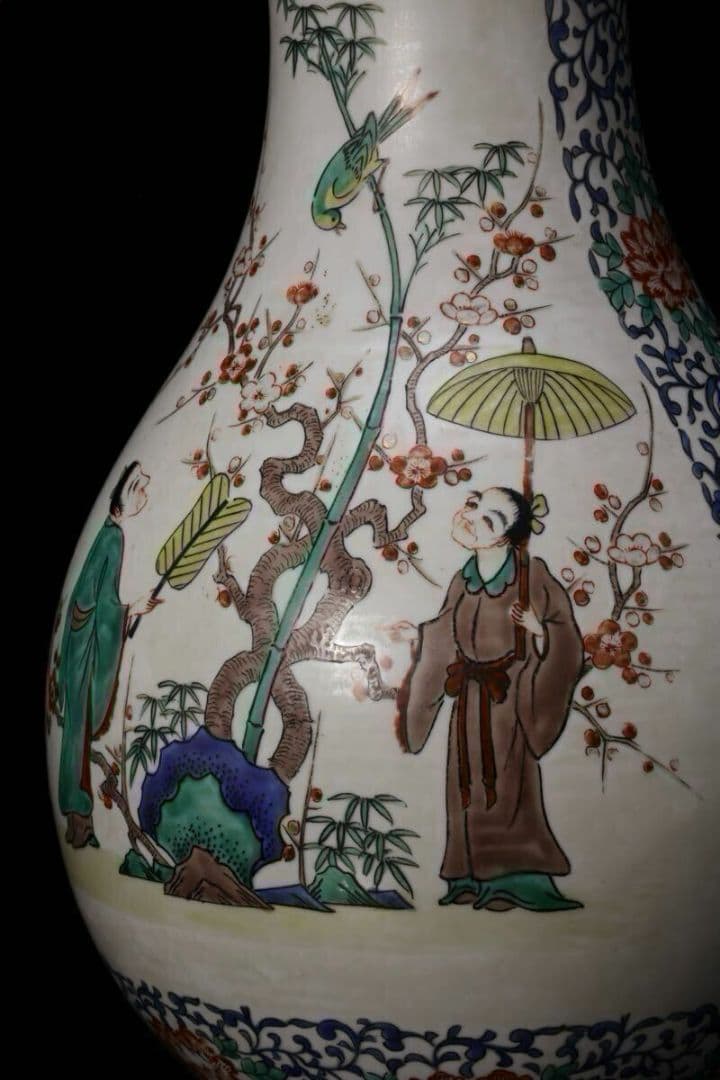 色絵傘人物文花瓶 高さ37cm 花鳥図 花瓶 花入 花器 壺 置物 粉彩人物紋