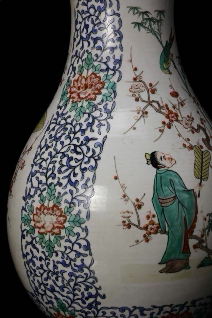 色絵傘人物文花瓶 高さ37cm 花鳥図 花瓶 花入 花器 壺 置物 粉彩人物紋