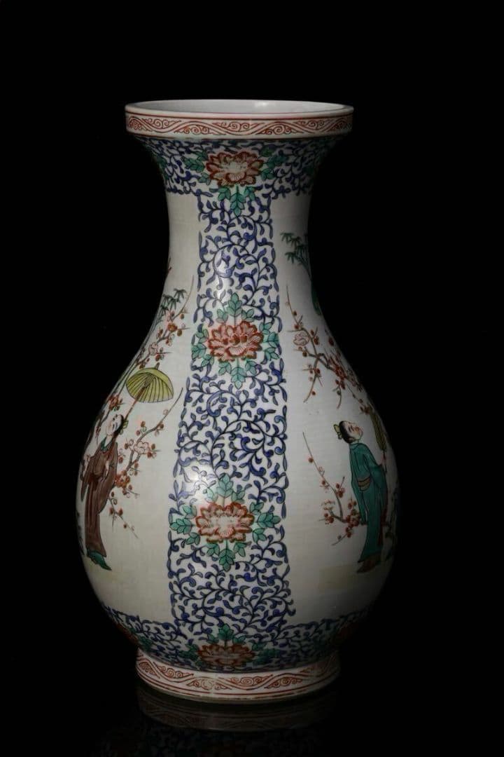 色絵傘人物文花瓶 高さ37cm 花鳥図 花瓶 花入 花器 壺 置物 粉彩人物紋