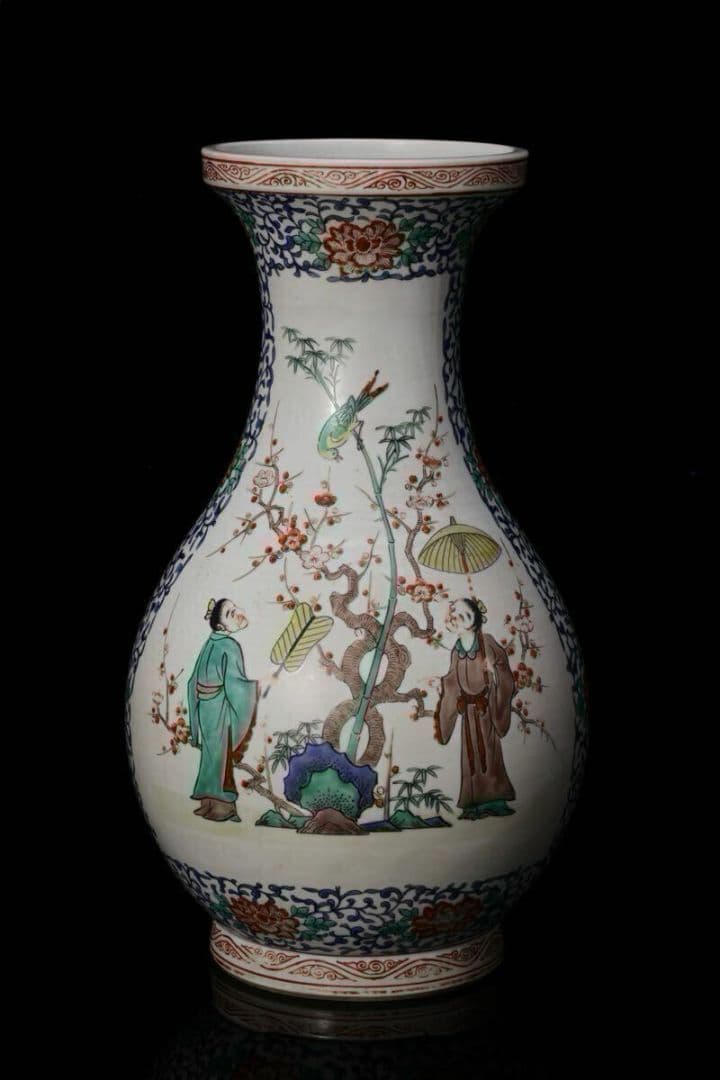 色絵傘人物文花瓶 高さ37cm 花鳥図 花瓶 花入 花器 壺 置物 粉彩人物紋