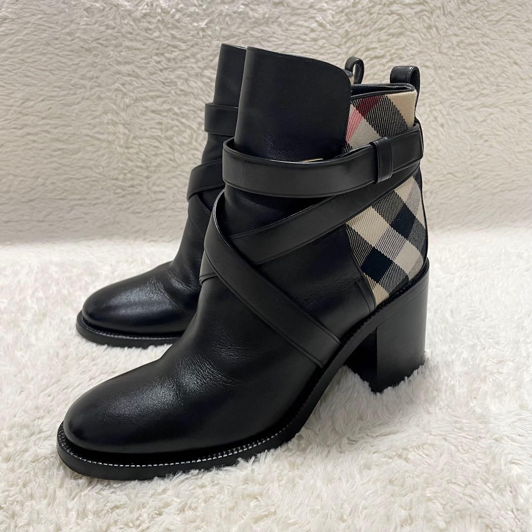 現行モデル BURBERRY バーバリー チェック＆レザー ヒールブーツ