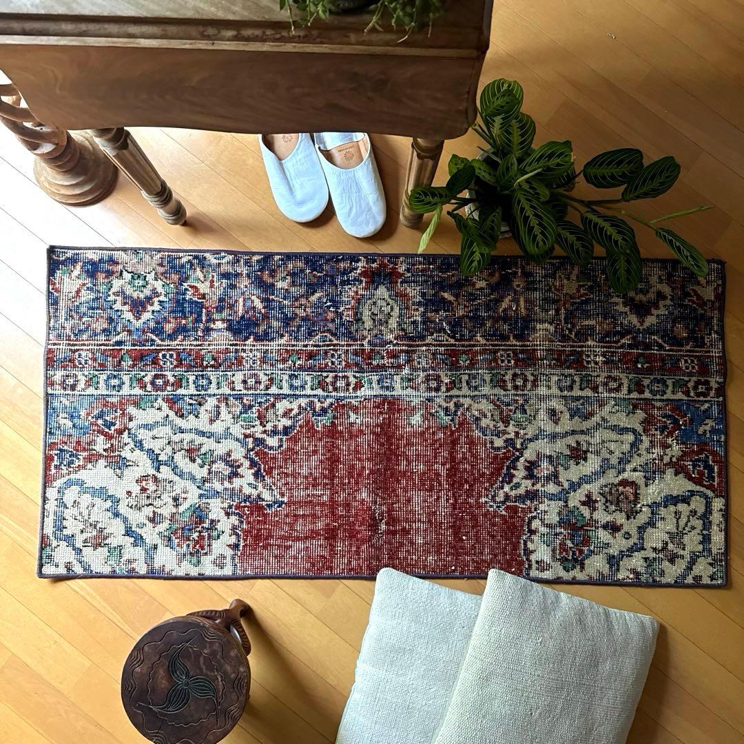 pp60×125赤ブラウン×深みネイビートルコヴィンテージラグ