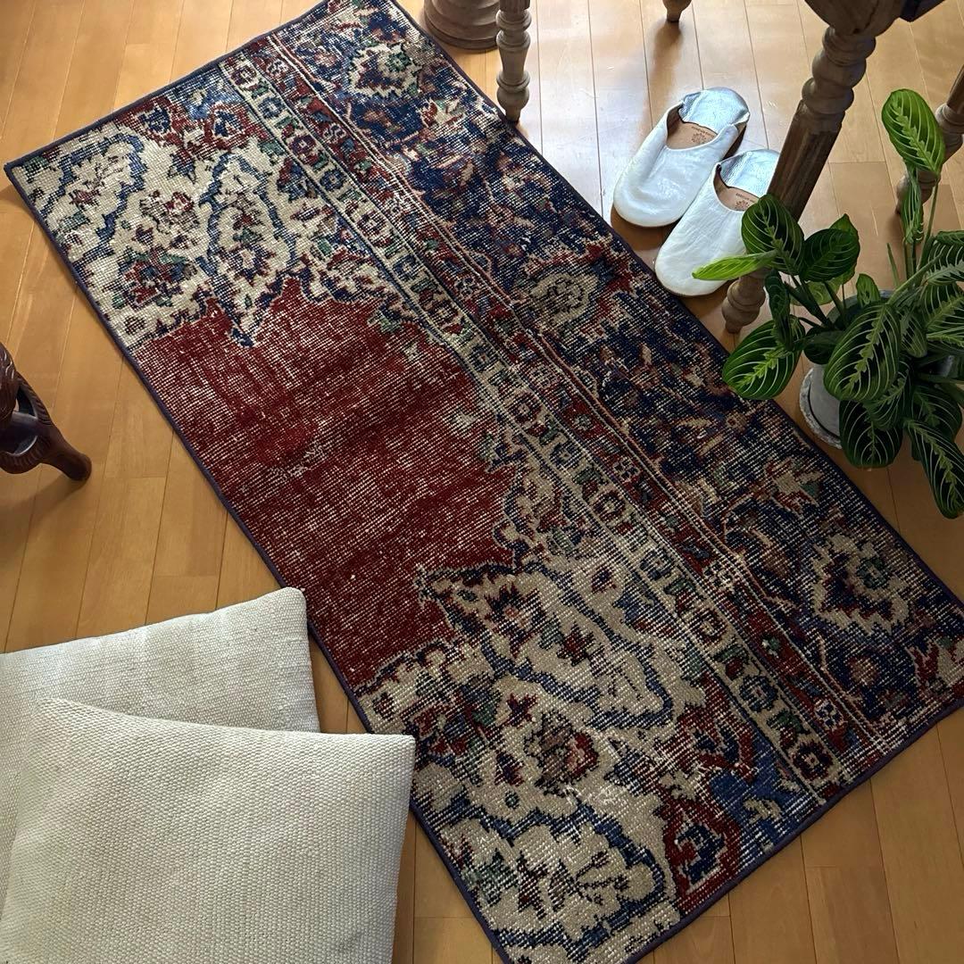 pp60×125赤ブラウン×深みネイビートルコヴィンテージラグ