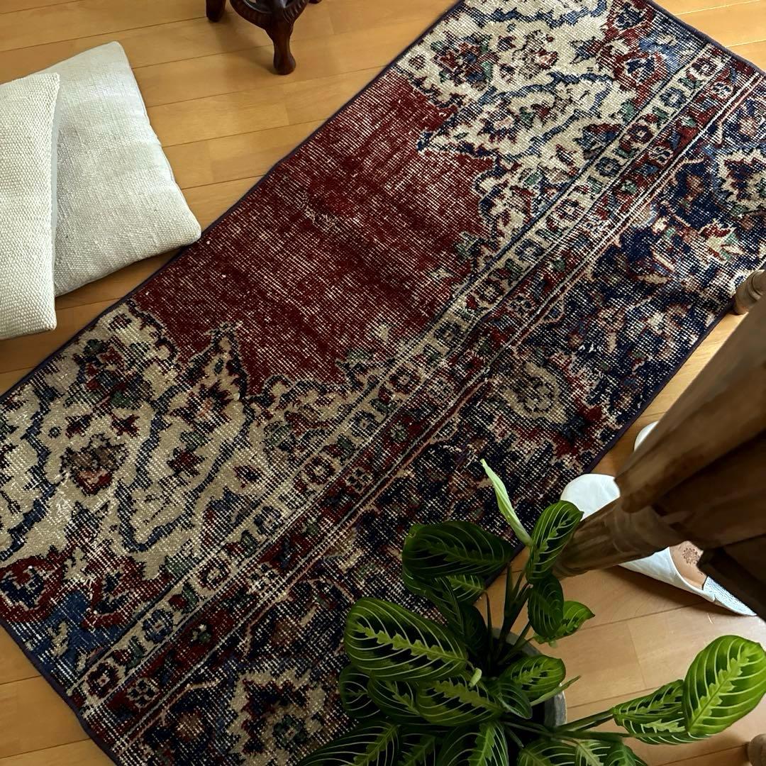 pp60×125赤ブラウン×深みネイビートルコヴィンテージラグ