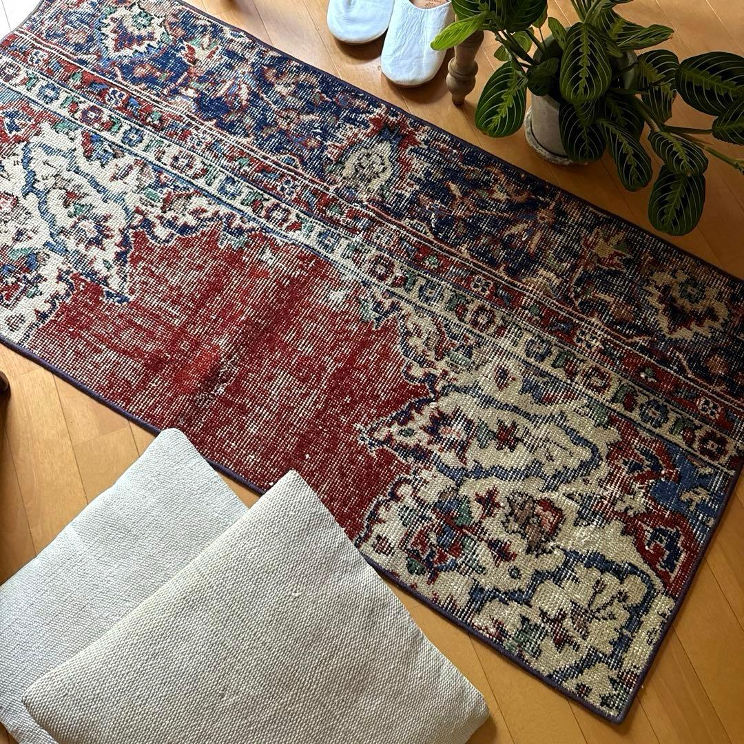 pp60×125赤ブラウン×深みネイビートルコヴィンテージラグ