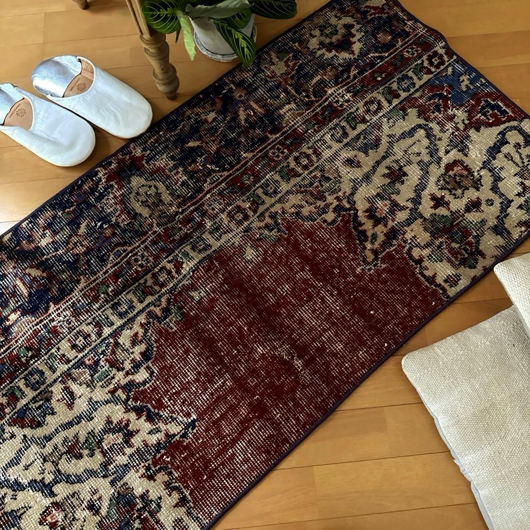 pp60×125赤ブラウン×深みネイビートルコヴィンテージラグ