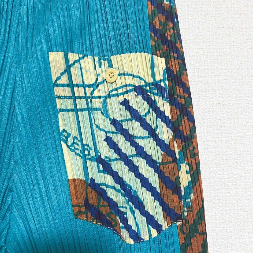 プリーツプリーズ サイドライン　パンツ　柄付き　裾フレア　ポケット　幾何学