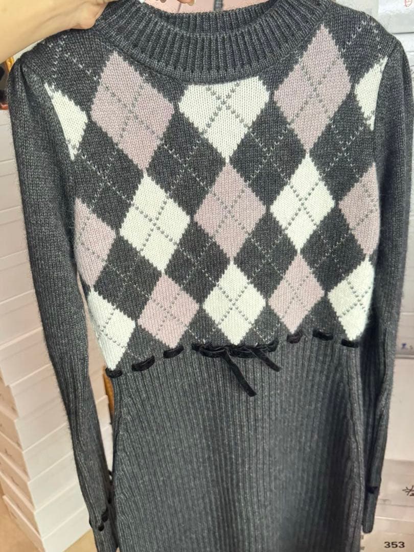 Moor Argyle Ribbon Knit Dress gray m 即発送