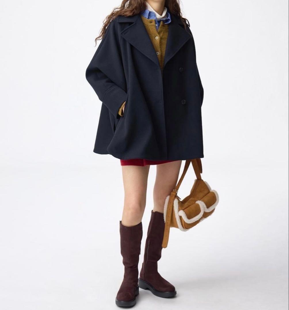 新品】GU コージーメルトンケープコート L メルトン コート ケープ ネイビー