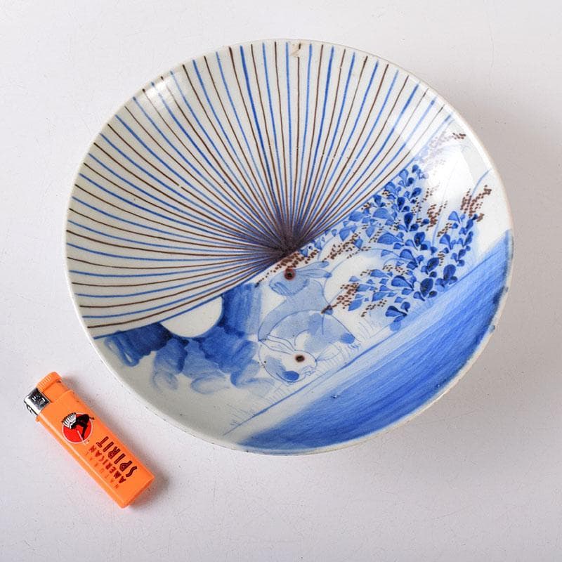 k8t　伊万里焼　古伊万里　染付　乱線草兎花文　高台皿　7692