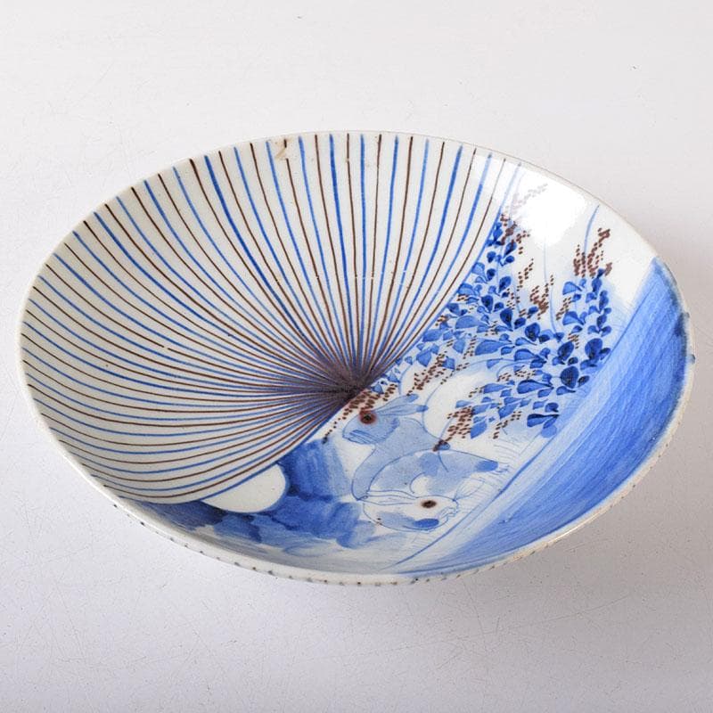 k8t　伊万里焼　古伊万里　染付　乱線草兎花文　高台皿　7692