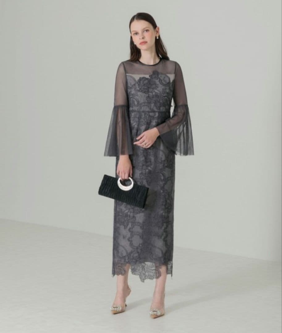 美品✨Leja シアー刺繍レースプリーツIラインロングワンピースドレス