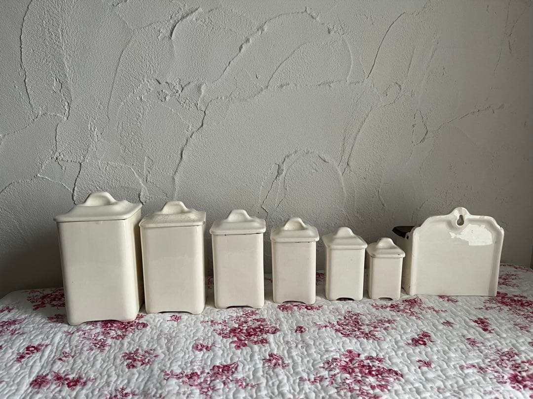 値下げフランスアンティークバラ柄の陶器のキャニスター6個セット& SELボックス