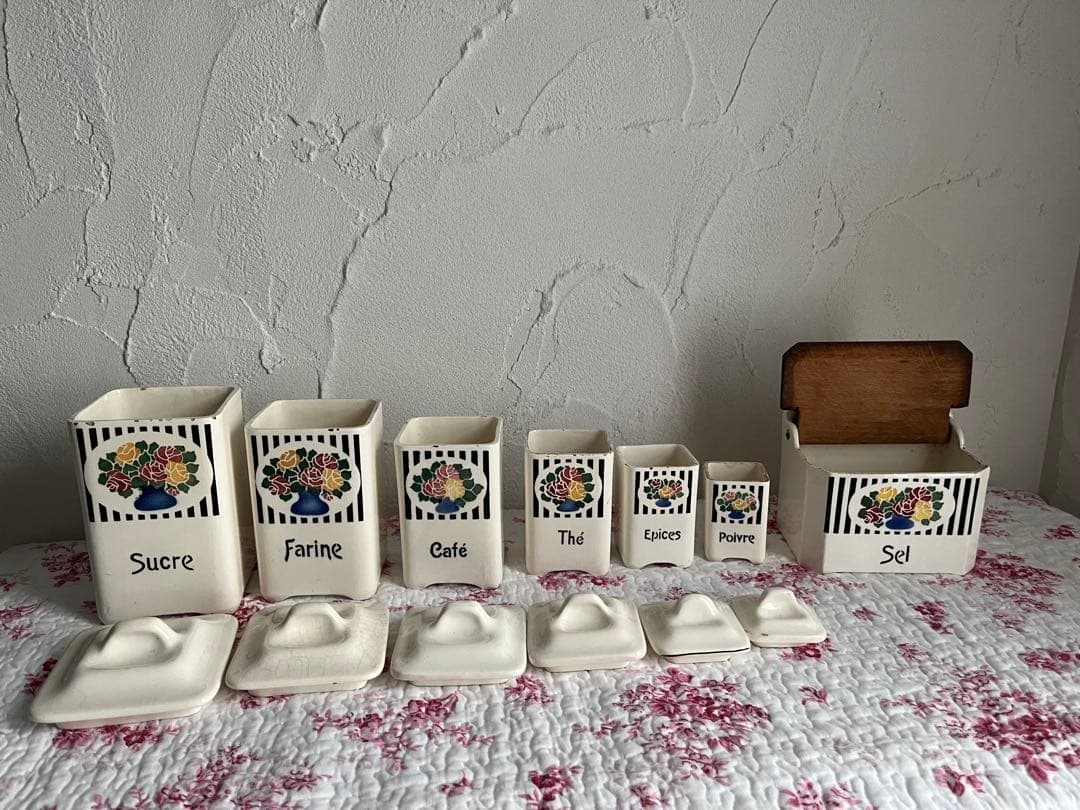 値下げフランスアンティークバラ柄の陶器のキャニスター6個セット& SELボックス