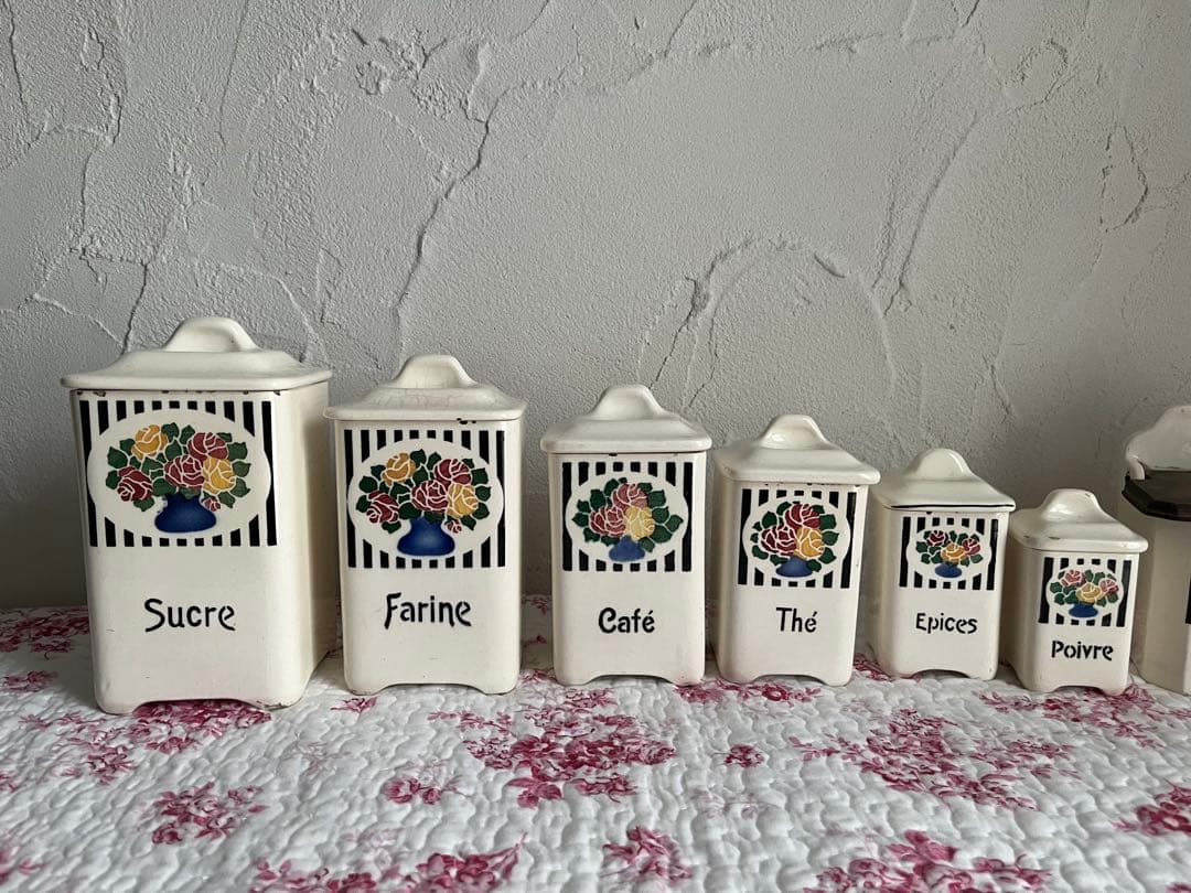 値下げフランスアンティークバラ柄の陶器のキャニスター6個セット& SELボックス
