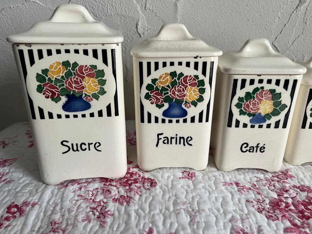 値下げフランスアンティークバラ柄の陶器のキャニスター6個セット& SELボックス