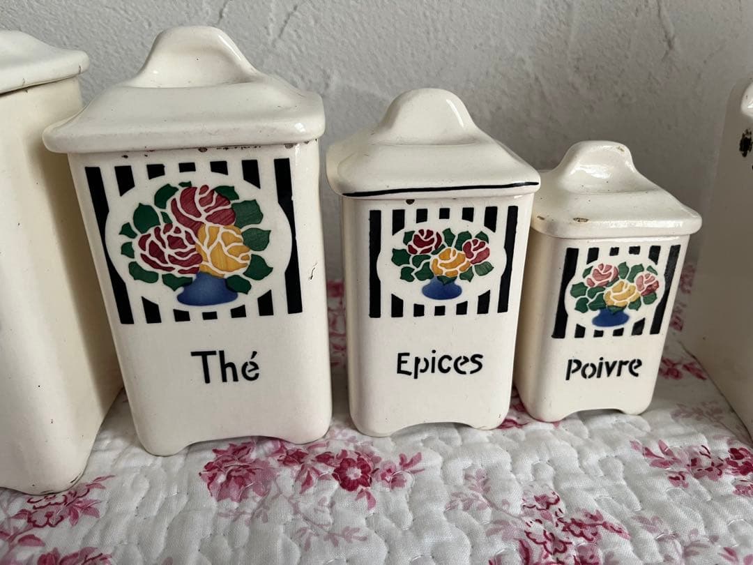 値下げフランスアンティークバラ柄の陶器のキャニスター6個セット& SELボックス