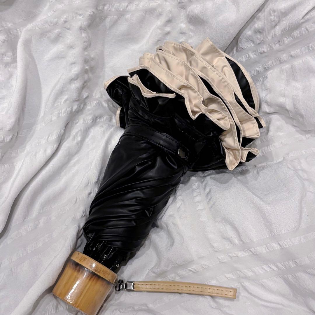 芦屋ロサブラン 日傘 3段折り フリル ブラック×ベージュ