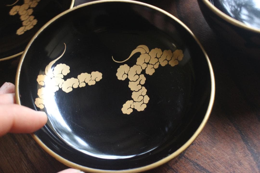 高台縁傷のみ！時代金縁黒漆に極上雲鶴蒔絵の映える煮物椀2点（検京塗輪島塗雑煮椀
