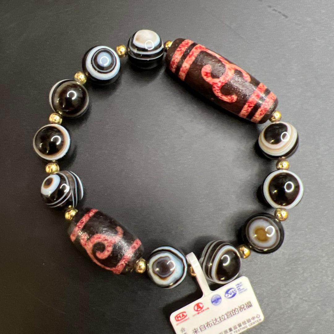 高包漿 辰砂供 グリーンタラと結晶質縞瑪瑙 線天珠 天眼石 ブレスレット