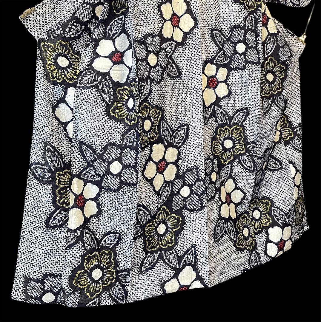 □夏涼浴衣　有松絞り　可愛い花柄 藍色　身丈約162.5cm