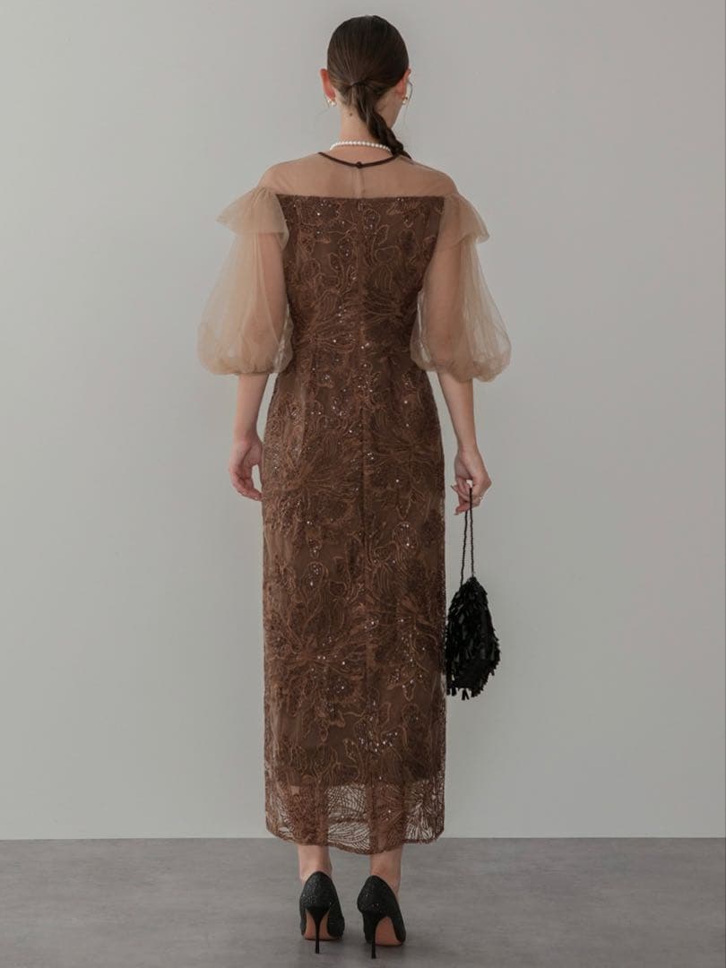 フラワースパンコールシアーフリルスリーブIラインワンピースドレス結婚式パーティー