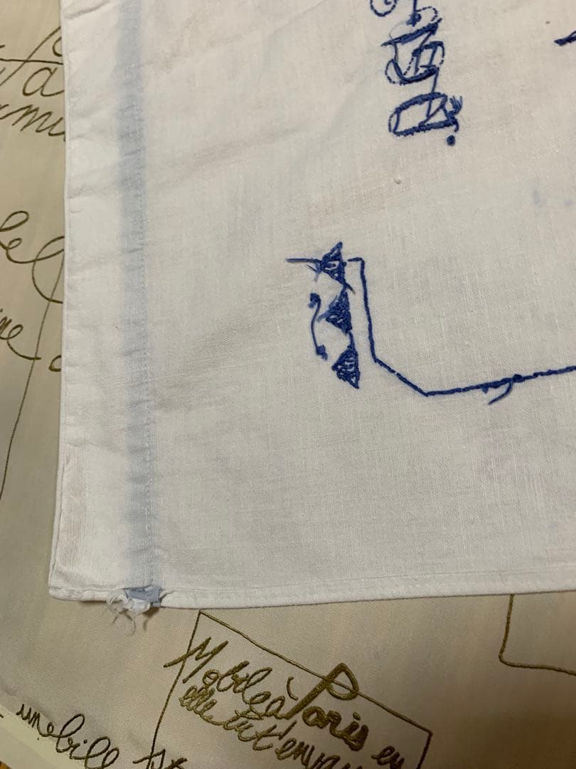 フランスアンティーク　レアなブルーの糸で風景と文字が刺繍されたカーテン！可愛い！