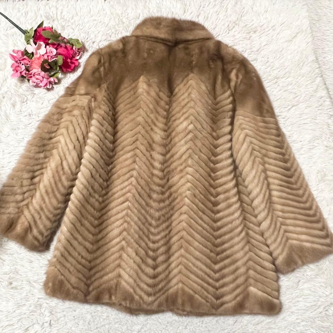 【SALE】高級ミンクファーコート　ベージュ　ヘリンボーン　リアルファーコート