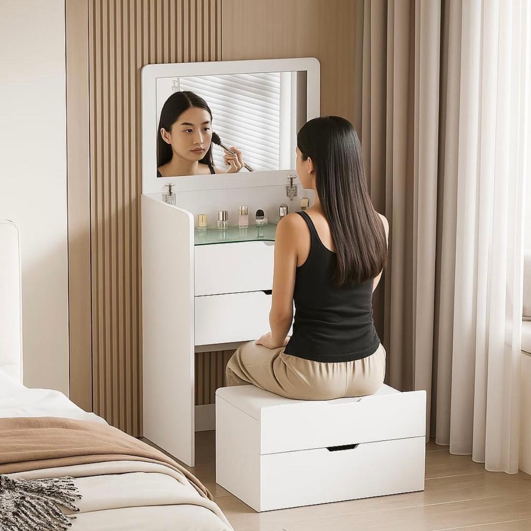 1台3役 ドレッサー キャビネット サイドテーブル 鏡付き スツール付き