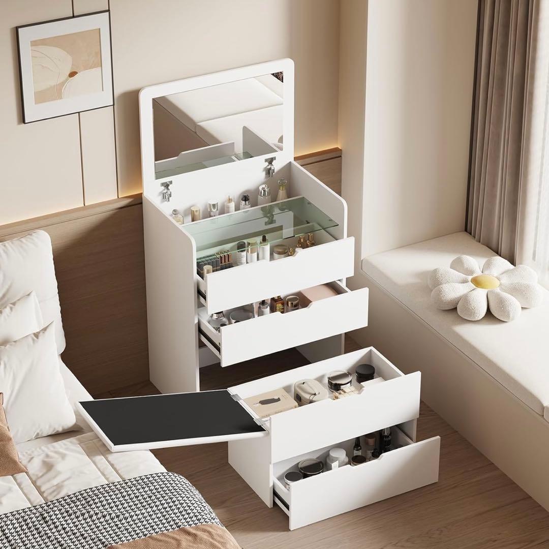 1台3役 ドレッサー キャビネット サイドテーブル 鏡付き スツール付き