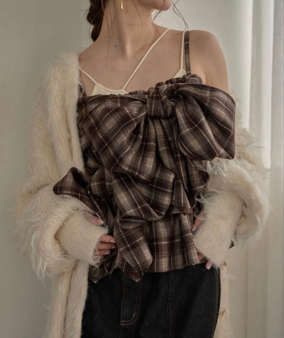 mideal オンブレチェックシャツダブルリボンビスチェ