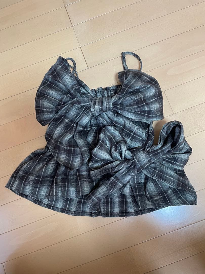 mideal オンブレチェックシャツダブルリボンビスチェ