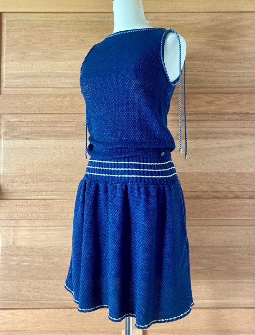 CHANEL サマーニット ノースリーブ ワンピース ドレス 36 ネイビー