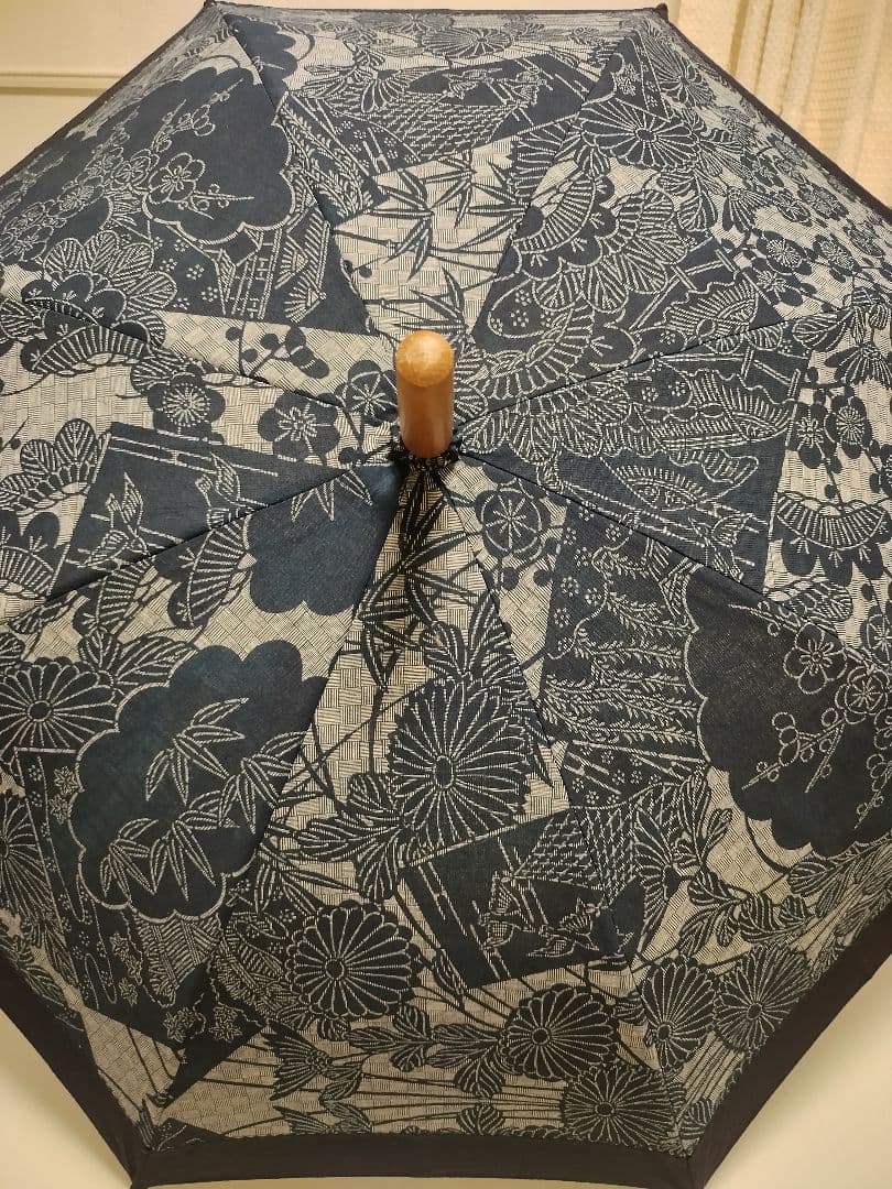 新品　藍染布地の日傘　麻　白木手元 　日本製　長傘　和傘