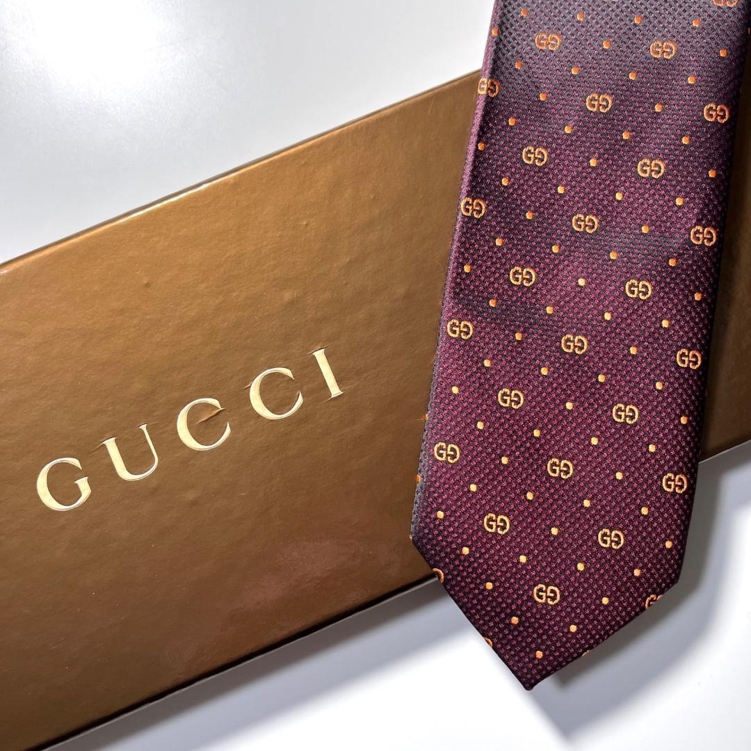 GUCCI ネクタイ シルク 100% バーガンディー GG柄 総柄 ダブルG