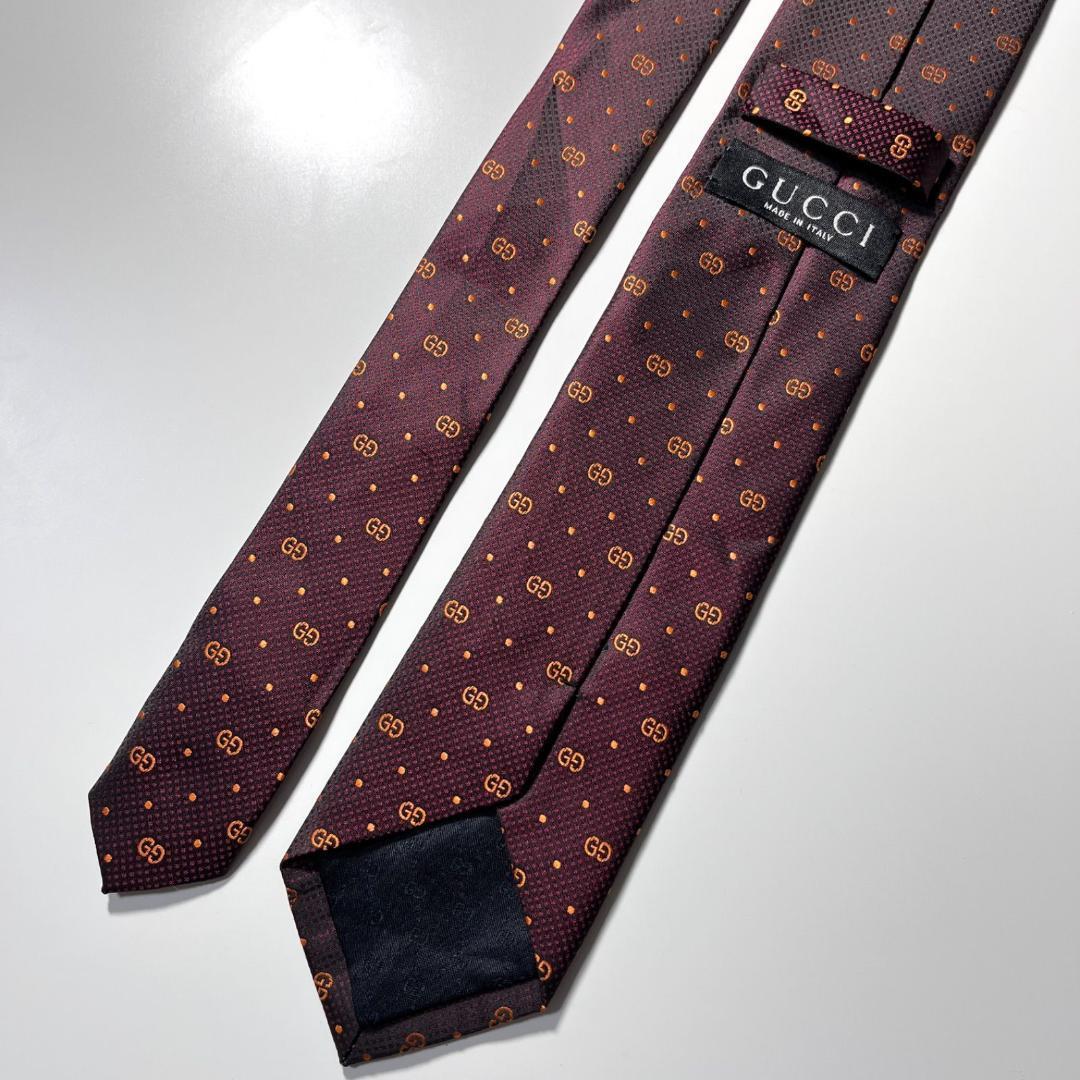 GUCCI ネクタイ シルク 100% バーガンディー GG柄 総柄 ダブルG