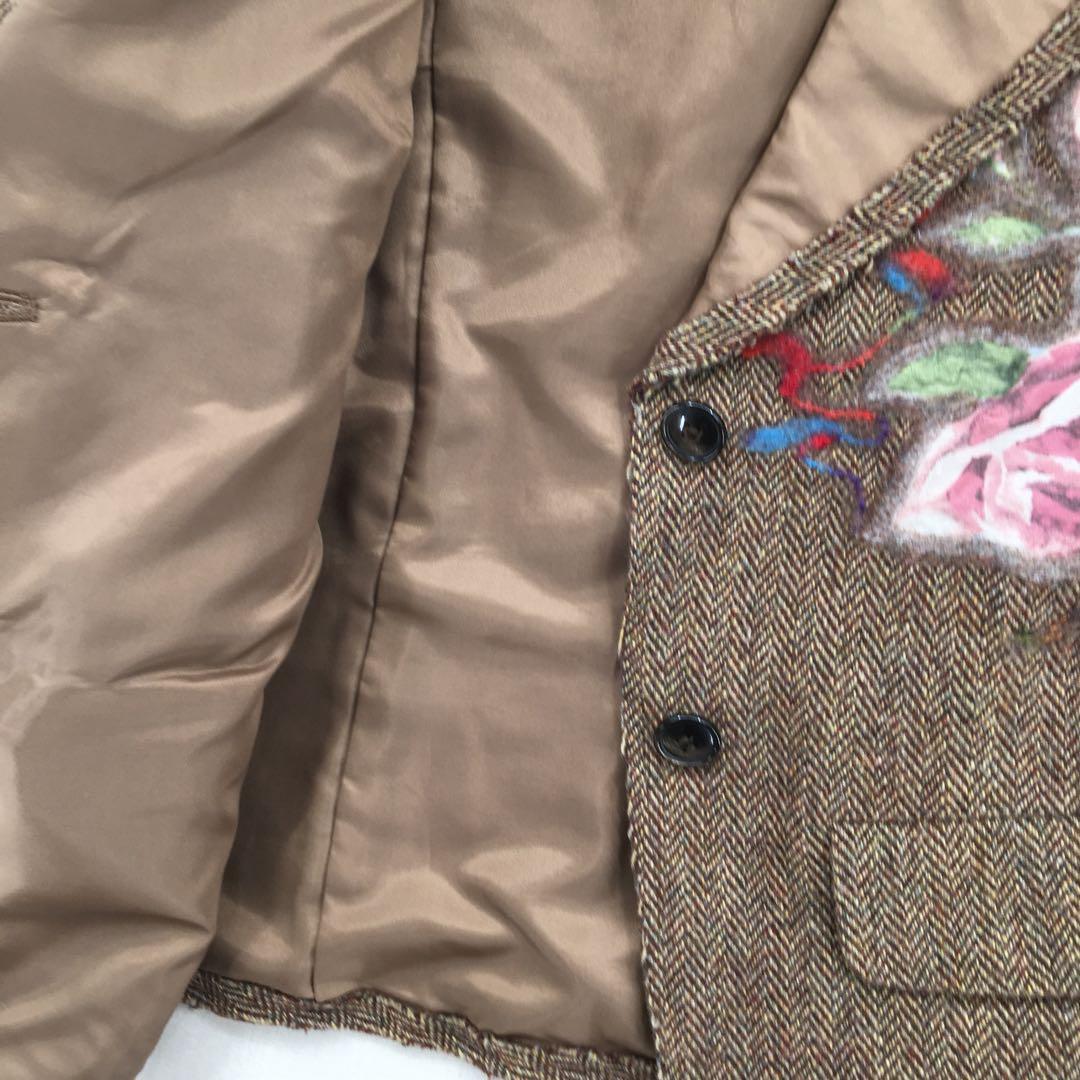 ユキトリイ テーラードジャケット【L】ウール ヘリンボーン 花柄刺繍 フェルト