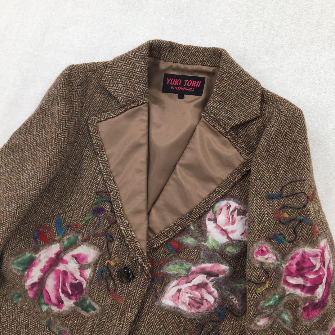 ユキトリイ テーラードジャケット【L】ウール ヘリンボーン 花柄刺繍 フェルト