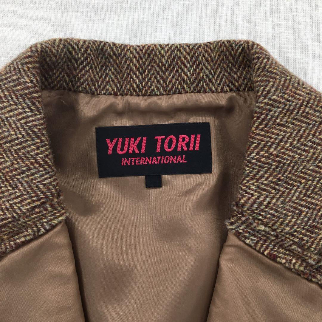 ユキトリイ テーラードジャケット【L】ウール ヘリンボーン 花柄刺繍 フェルト