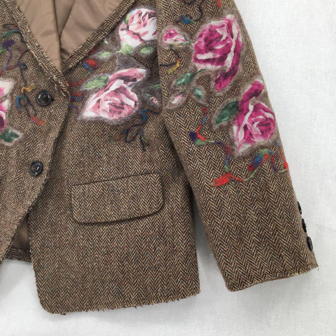 ユキトリイ テーラードジャケット【L】ウール ヘリンボーン 花柄刺繍 フェルト
