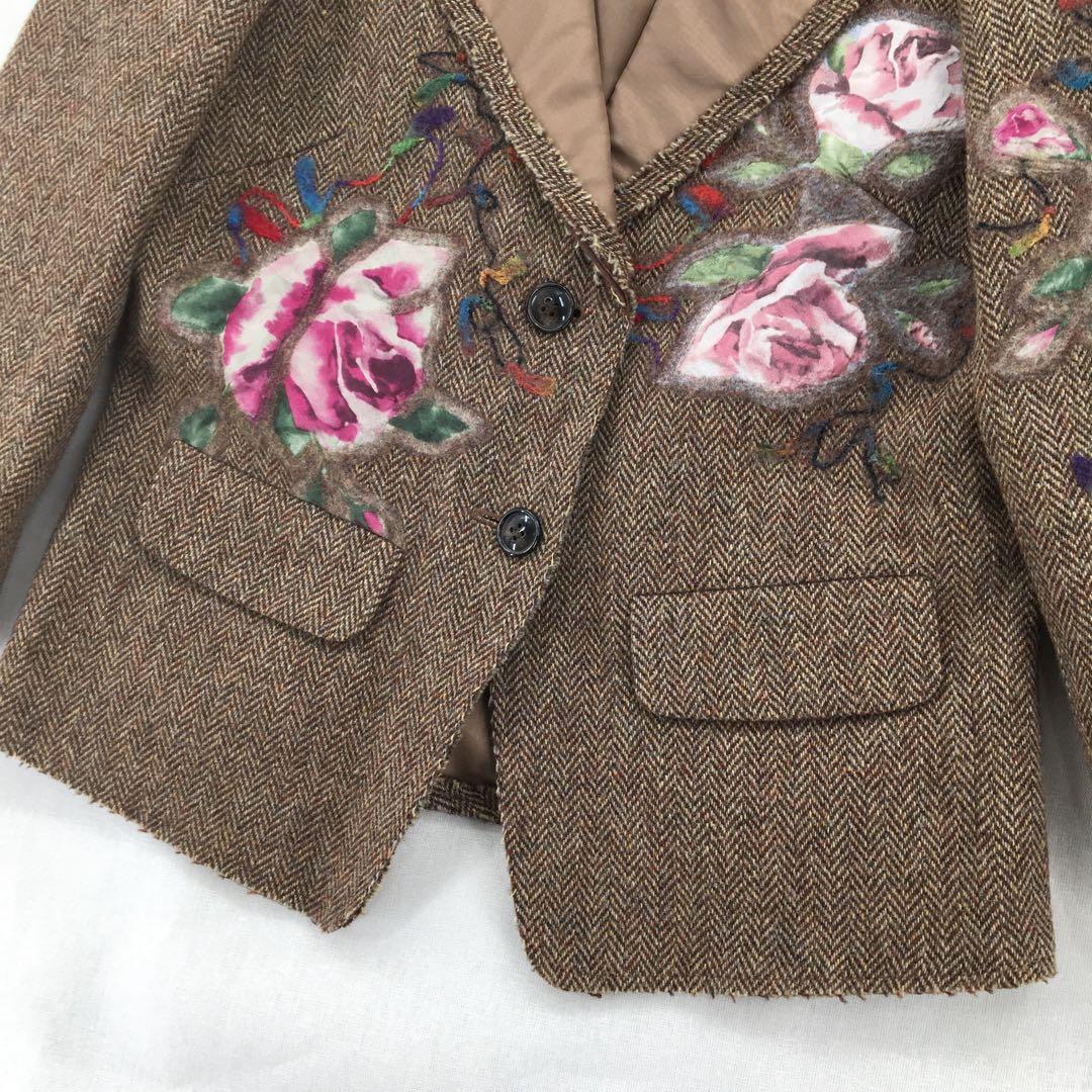 ユキトリイ テーラードジャケット【L】ウール ヘリンボーン 花柄刺繍 フェルト