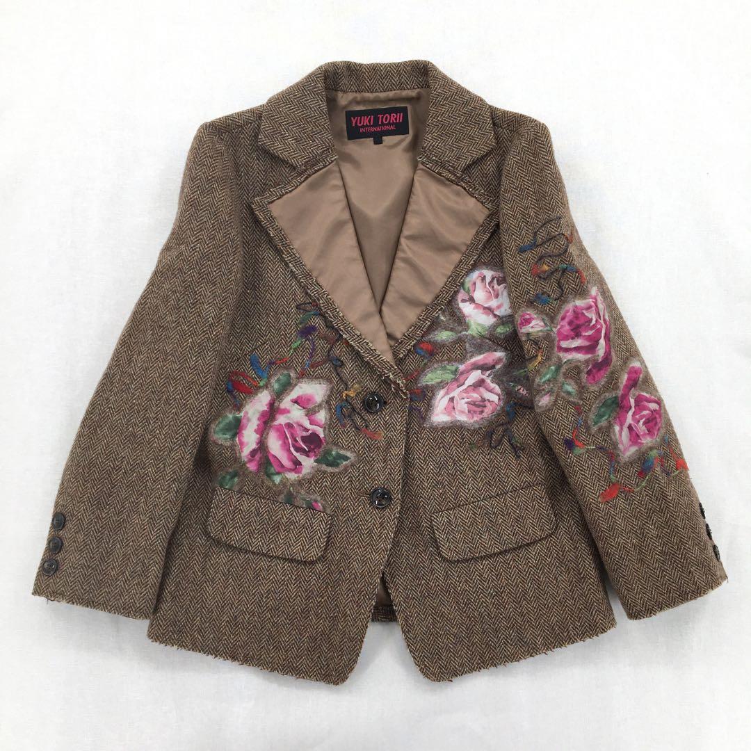 ユキトリイ テーラードジャケット【L】ウール ヘリンボーン 花柄刺繍 フェルト