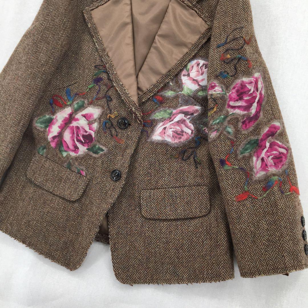 ユキトリイ テーラードジャケット【L】ウール ヘリンボーン 花柄刺繍 フェルト