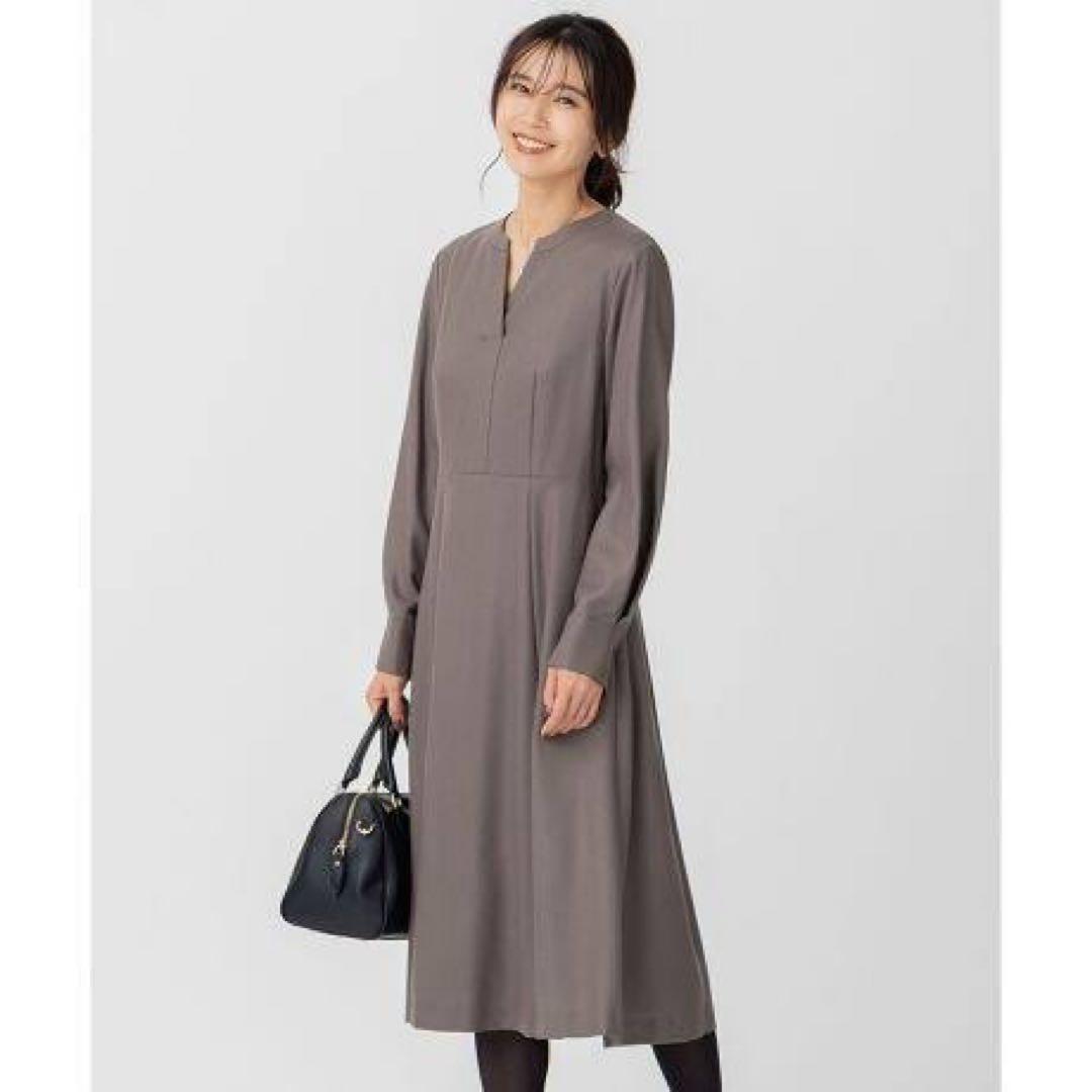 訳あり美品23区 ウールジョーゼット フィットアンドフレア ワンピース38グレー