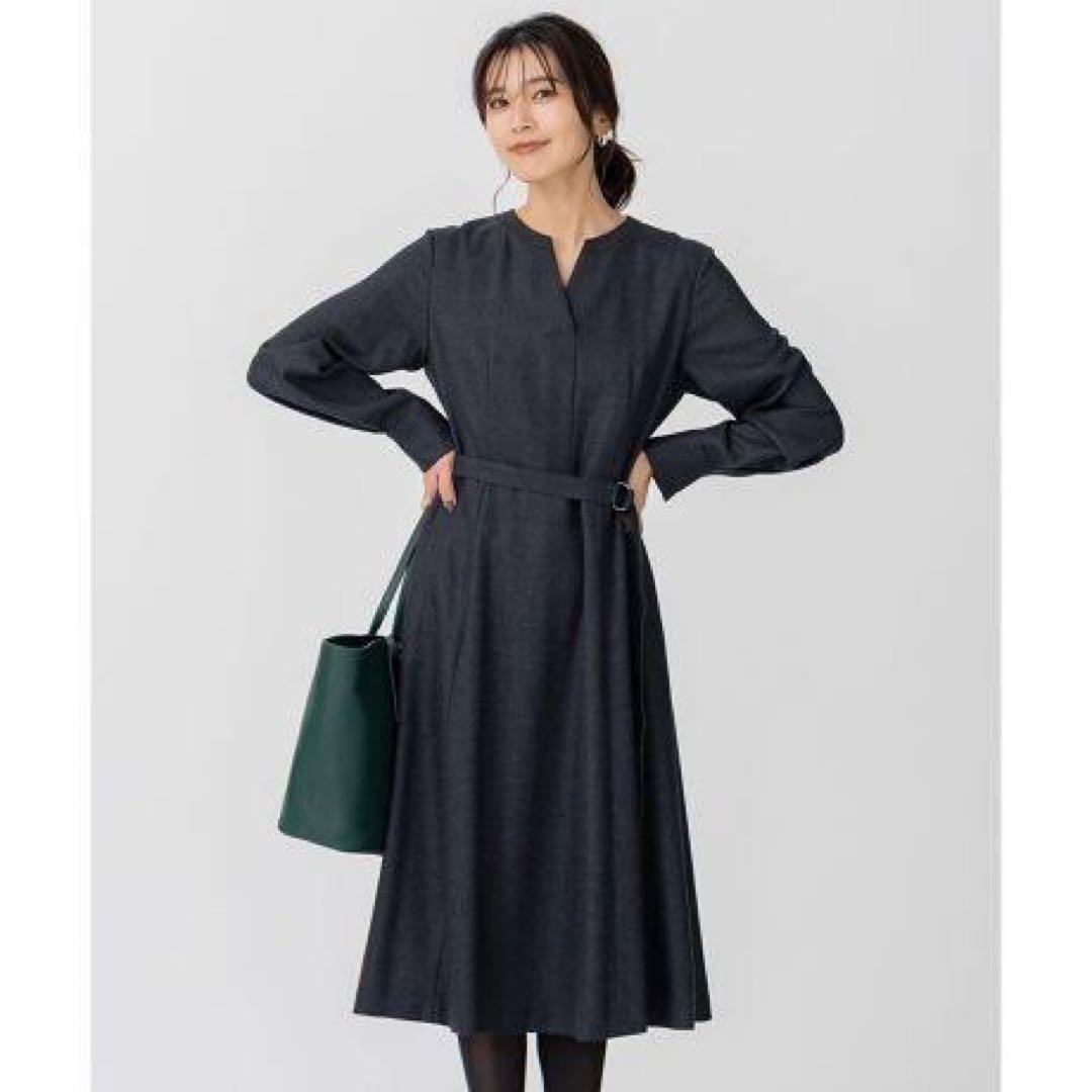 訳あり美品23区 ウールジョーゼット フィットアンドフレア ワンピース38グレー